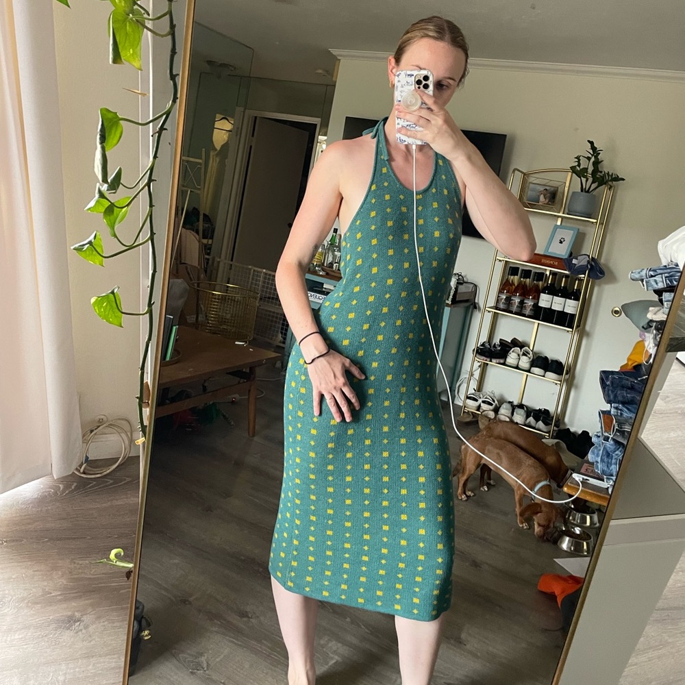 Callahan knitwear turquoise and yellow polka dots, midi dress